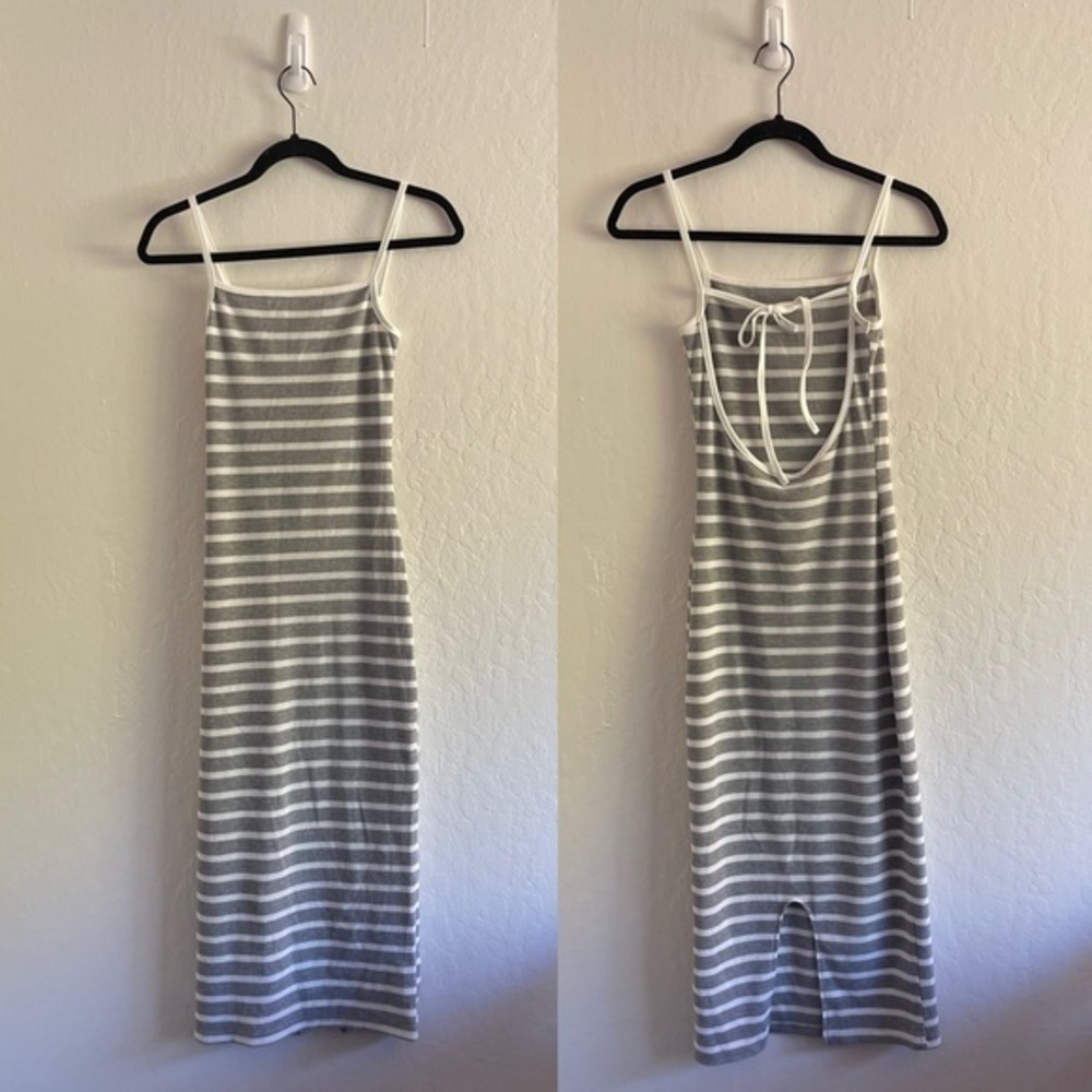 Cider Gray White Stripe Midi Bodycon Open Back Dress Casual Women's Size XXS